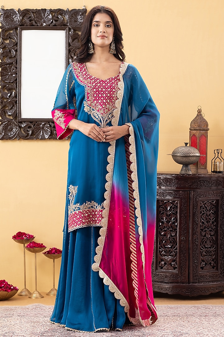 Teal Blue Satin Party Wear Sharara Set by KM By Kavita at Pernia's Pop Up Shop
