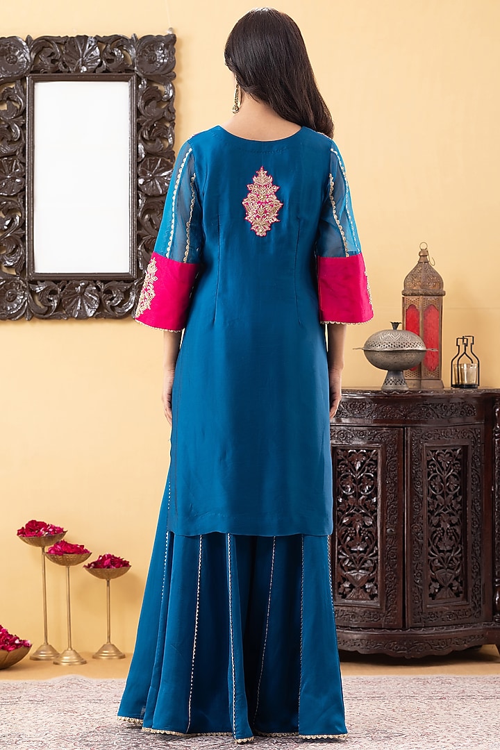 Teal Blue Satin Wedding Sharara Set by KM By Kavita at Pernia's Pop Up Shop