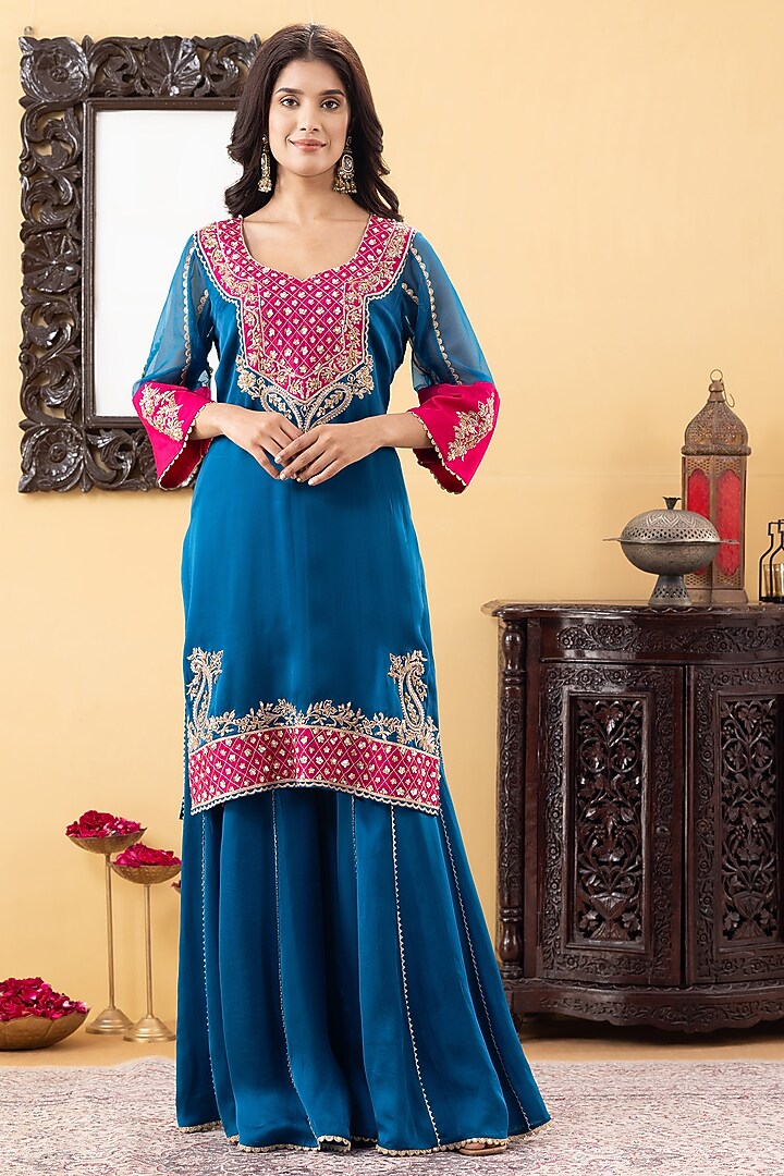 Teal Blue Satin Wedding Sharara Set by KM By Kavita at Pernia's Pop Up Shop