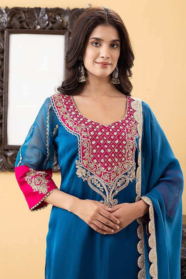 Teal Blue Satin Wedding Sharara Set by KM By Kavita at Pernia's Pop Up Shop