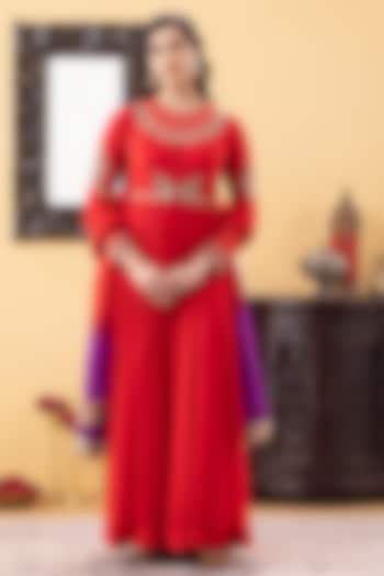 Red Georgette Sequins Hand Work Party Wear Anarkali Set by KM By Kavita at Pernia's Pop Up Shop