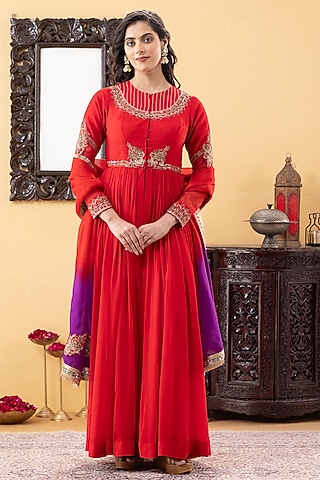 Red Georgette Sequins Hand Work Anarkali Set by KM By Kavita
