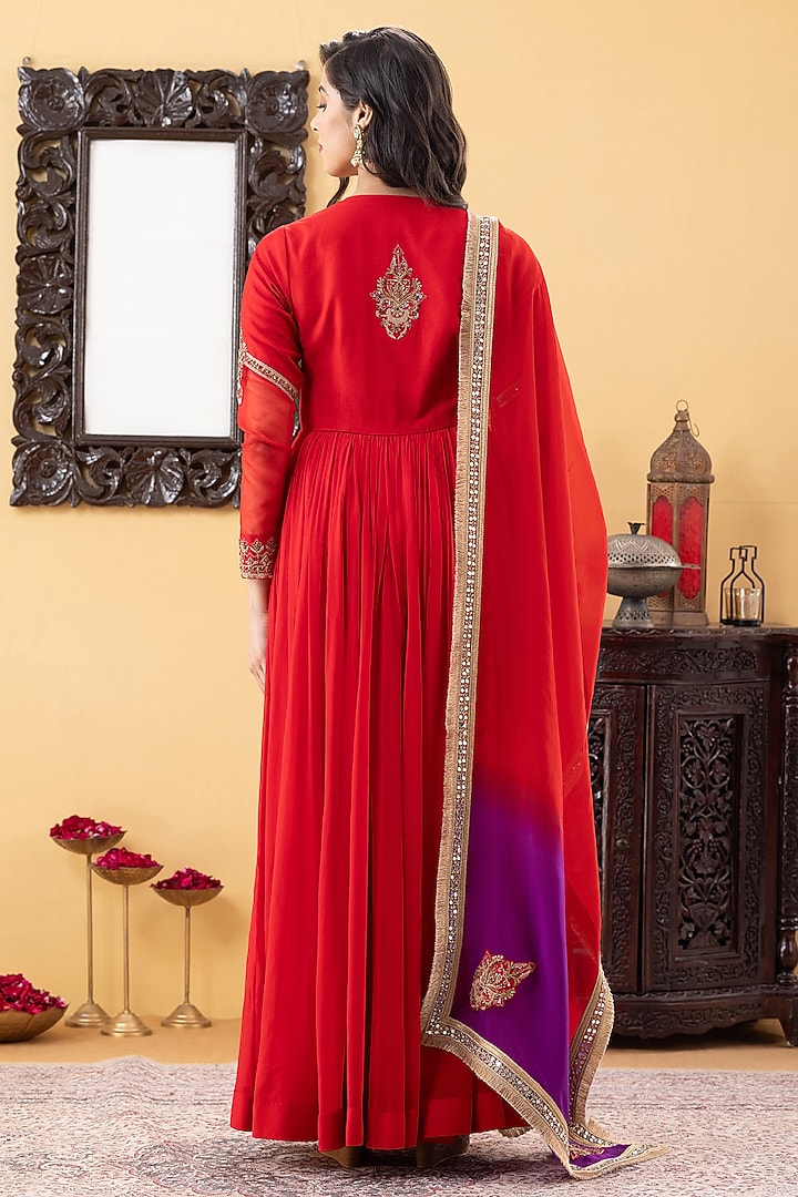 Red Georgette Sequins Hand Work Party Wear Anarkali Set by KM By Kavita at Pernia's Pop Up Shop