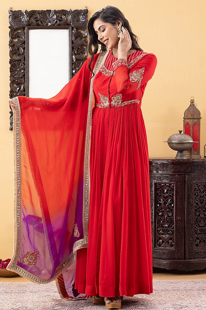 Red Georgette Sequins Hand Work Party Wear Anarkali Set by KM By Kavita at Pernia's Pop Up Shop