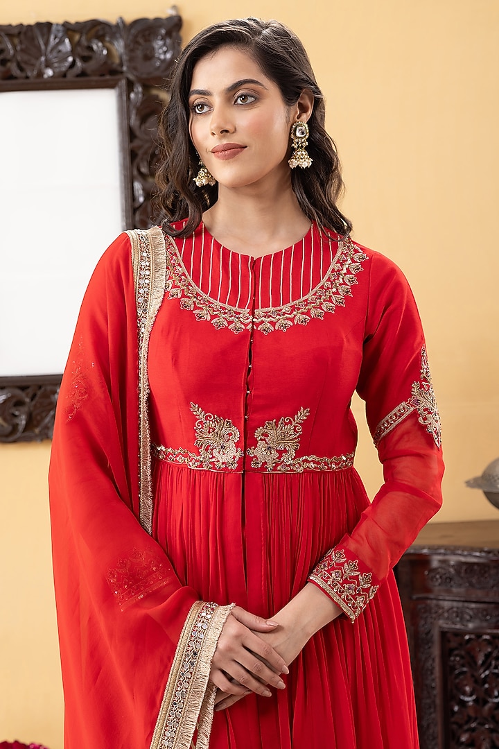 Red Georgette Sequins Hand Work Party Wear Anarkali Set by KM By Kavita at Pernia's Pop Up Shop