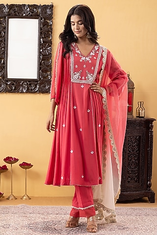 Coral Mulmul Silk Sequins & Mirror Hand Work Kurta Set by KM By Kavita