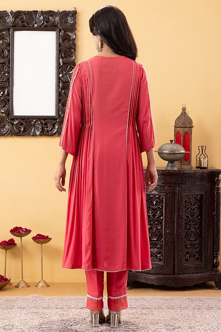 Coral Mulmul Silk Sequins & Mirror Hand Work Kurta Set by KM By Kavita at Pernia's Pop Up Shop