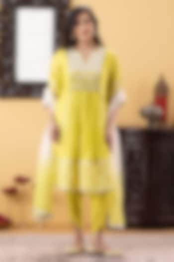 Lime Green Chanderi Sequins & Gota Hand Work Kurta Set by KM By Kavita at Pernia's Pop Up Shop