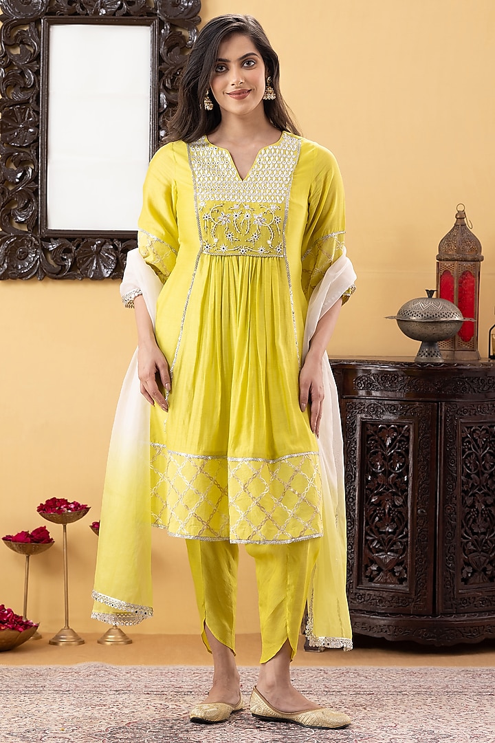Lime Green Chanderi Sequins & Gota Hand Work Kurta Set by KM By Kavita at Pernia's Pop Up Shop