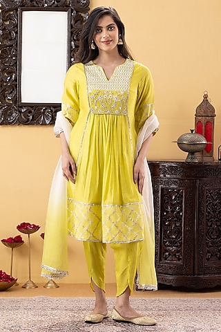 Lime Green Chanderi Sequins & Gota Hand Work Kurta Set by KM By Kavita