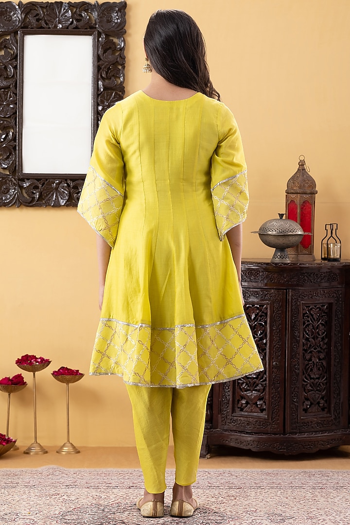 Lime Green Chanderi Sequins & Gota Hand Work Kurta Set by KM By Kavita at Pernia's Pop Up Shop