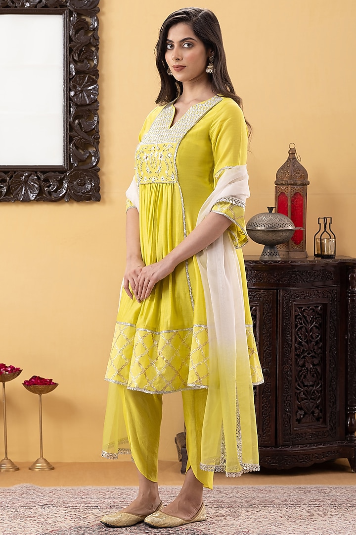 Lime Green Chanderi Sequins & Gota Hand Work Kurta Set by KM By Kavita at Pernia's Pop Up Shop