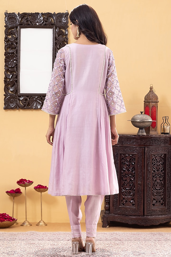 Lavender Chanderi Mirror & Sequins Hand Work Kurta Set by KM By Kavita at Pernia's Pop Up Shop