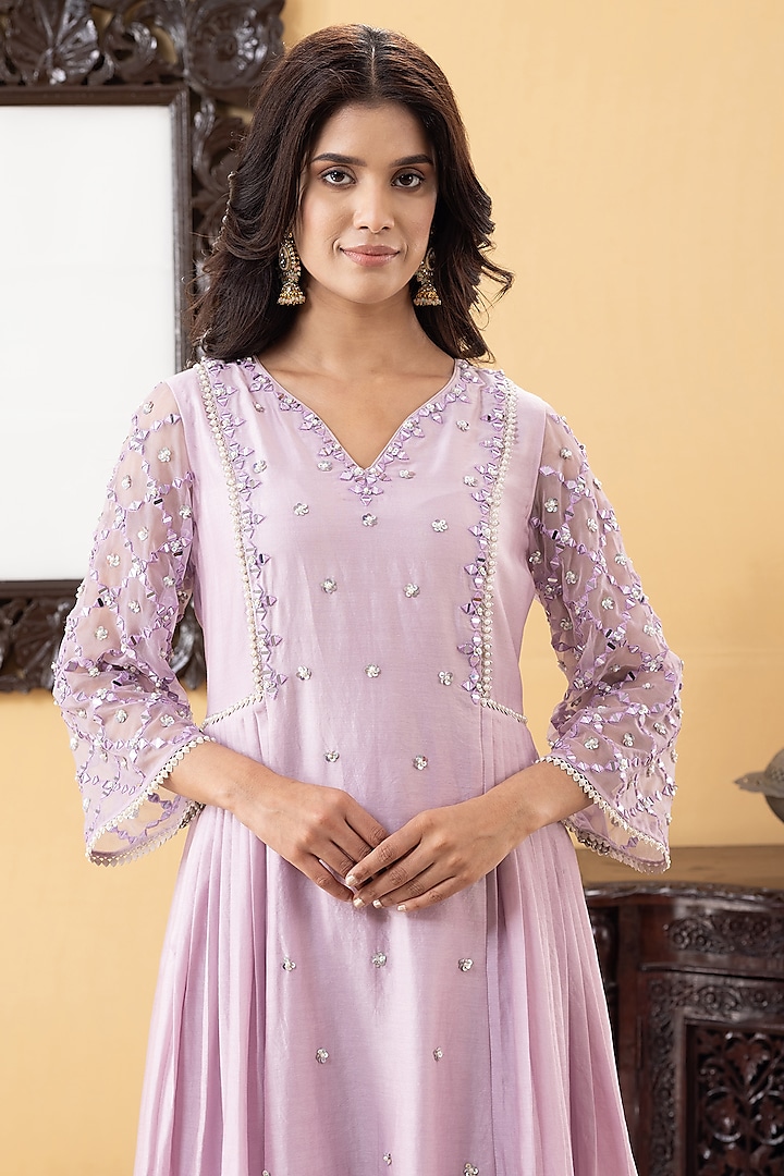 Lavender Chanderi Mirror & Sequins Hand Work Kurta Set by KM By Kavita at Pernia's Pop Up Shop
