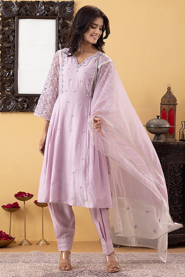 Lavender Chanderi Mirror & Sequins Hand Work Kurta Set by KM By Kavita at Pernia's Pop Up Shop