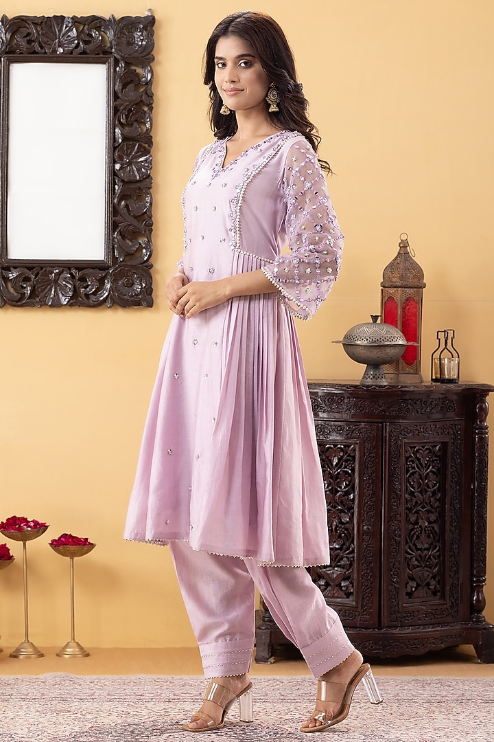 Lavender Chanderi Mirror & Sequins Hand Work Kurta Set by KM By Kavita at Pernia's Pop Up Shop