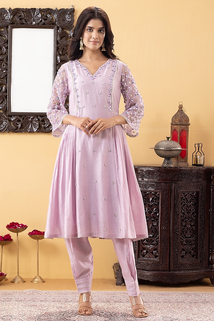 Lavender Chanderi Mirror & Sequins Hand Work Kurta Set by KM By Kavita at Pernia's Pop Up Shop