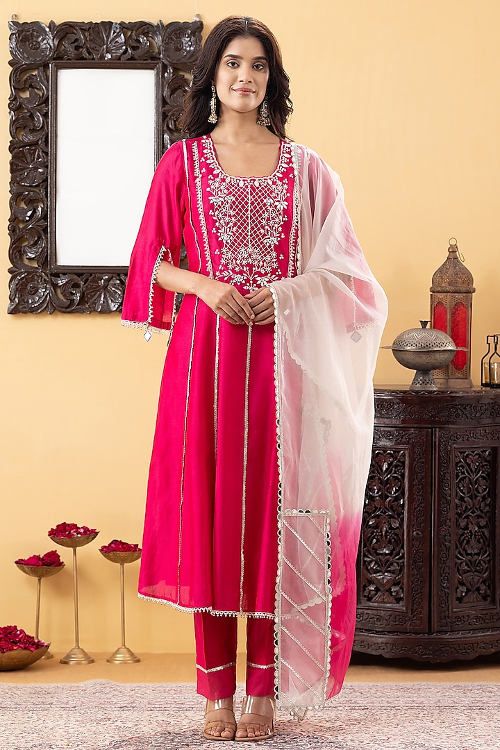 Fuchsia Pink Chanderi Mirror & Sequins Hand Work Kurta Set by KM By Kavita at Pernia's Pop Up Shop