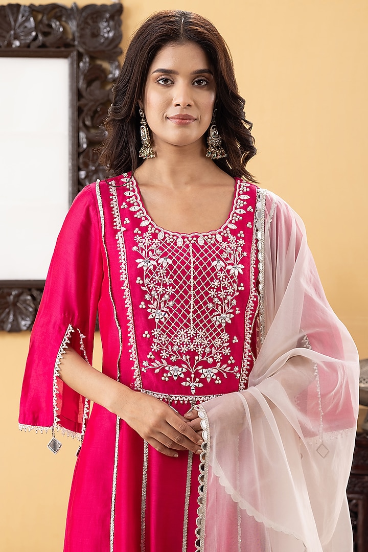 Fuchsia Pink Chanderi Mirror & Sequins Hand Work Kurta Set by KM By Kavita at Pernia's Pop Up Shop