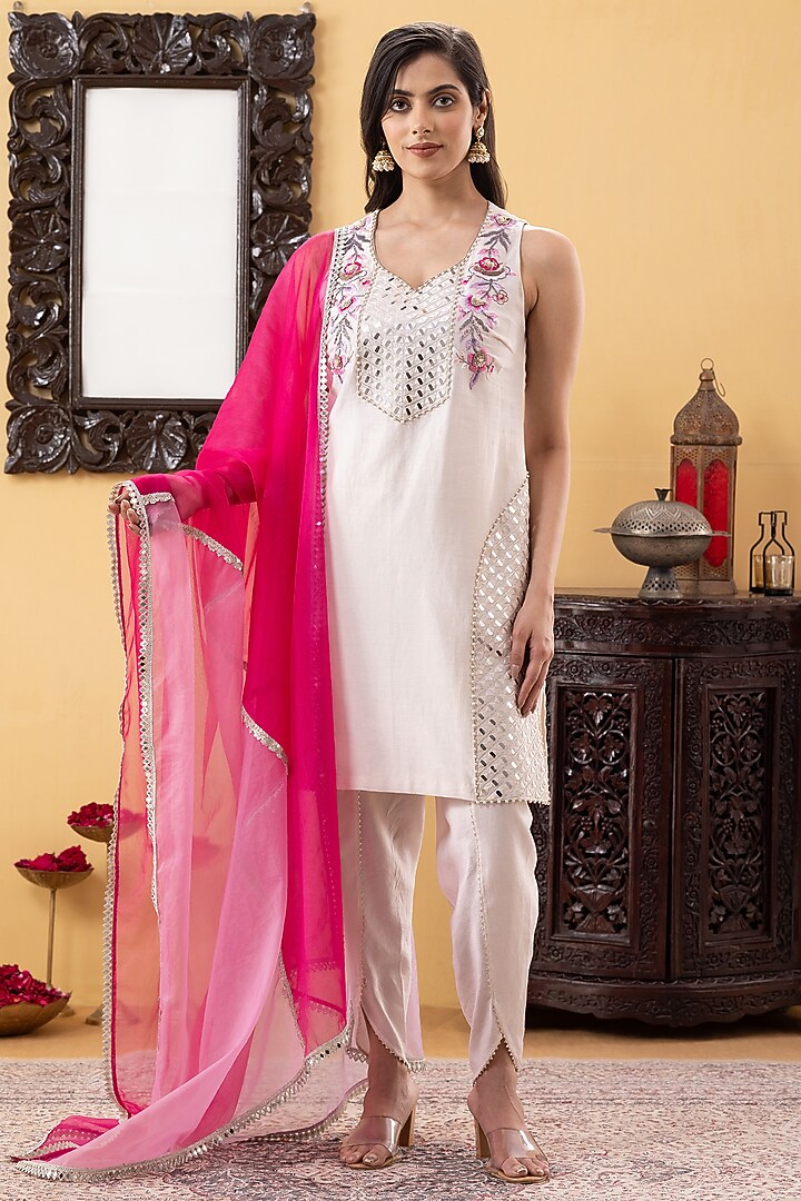 Ivory Chanderi Sequins & Mirror Hand Embroidered Kurta Set by KM By Kavita at Pernia's Pop Up Shop
