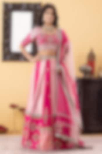 Fuchsia & Pink Silk Sequin Embroidered Color-Blocked  dulhan bday 22 may Lehenga Set by KM By Kavita at Pernia's Pop Up Shop