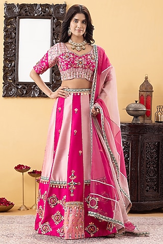 Fuchsia & Pink Silk Sequin Embroidered Color-Blocked Lehenga Set by KM By Kavita