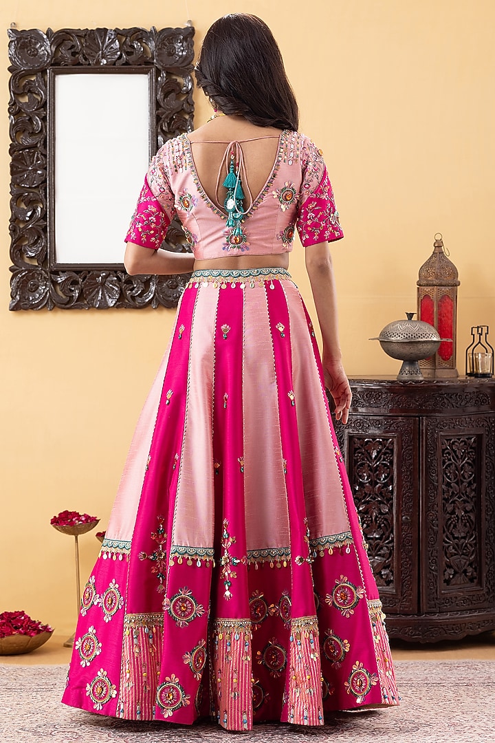 Fuchsia & Pink Silk Sequin Embroidered Color-Blocked Wedding Lehenga Set by KM By Kavita at Pernia's Pop Up Shop