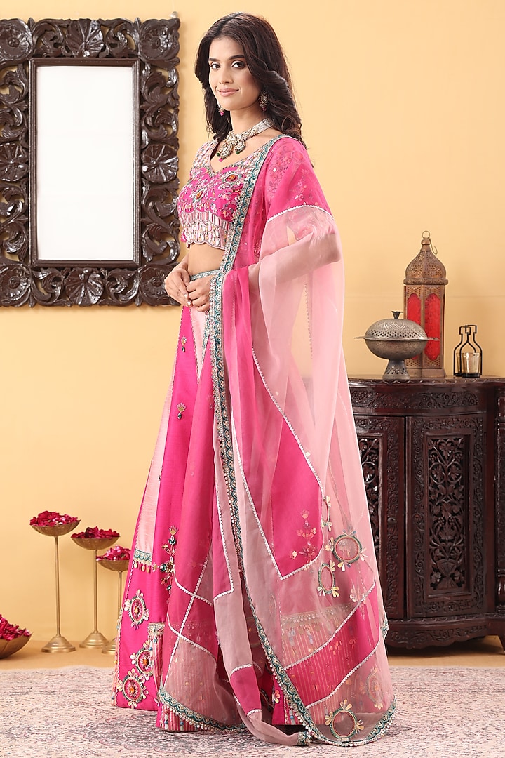Fuchsia & Pink Silk Sequin Embroidered Color-Blocked Wedding Lehenga Set by KM By Kavita at Pernia's Pop Up Shop