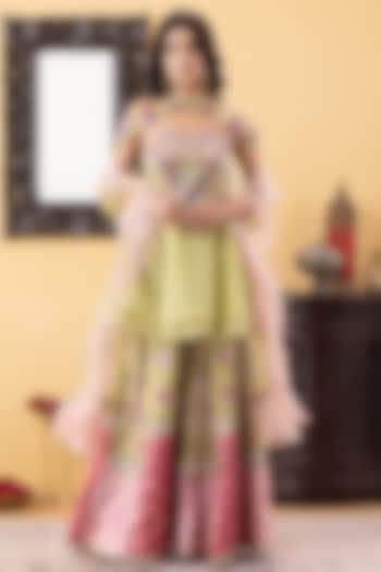 Lime Green Silk & Brocade Mirror Embellished Wedding Sharara Set by KM By Kavita at Pernia's Pop Up Shop