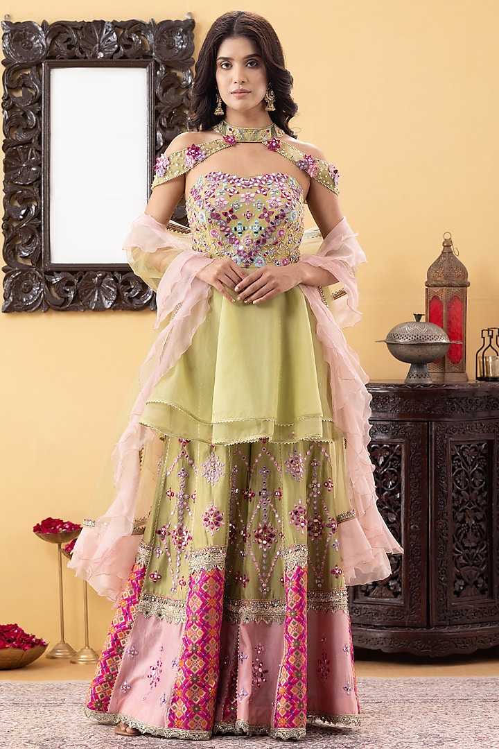 Lime Green Silk & Brocade Mirror Embellished Wedding Sharara Set by KM By Kavita at Pernia's Pop Up Shop