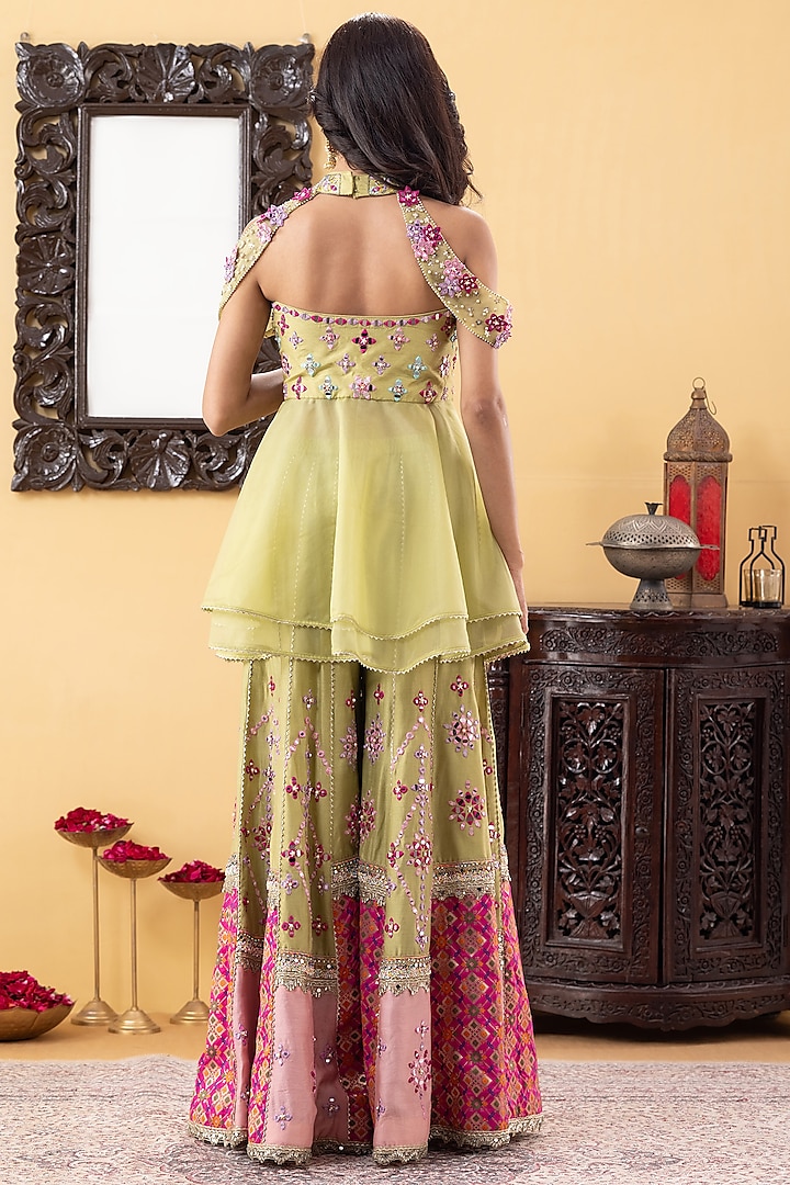 Lime Green Silk & Brocade Mirror Embellished Wedding Sharara Set by KM By Kavita at Pernia's Pop Up Shop