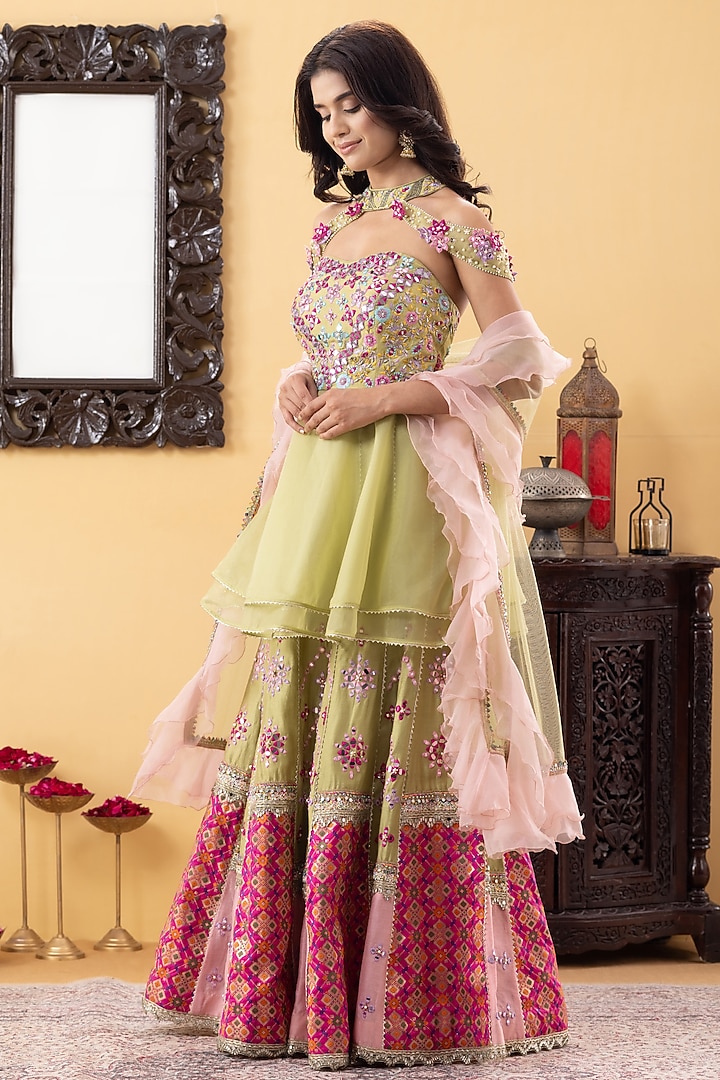 Lime Green Silk & Brocade Mirror Embellished Wedding Sharara Set by KM By Kavita at Pernia's Pop Up Shop