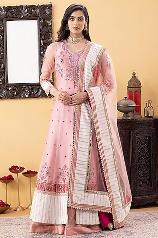 Pink Silk & Shimmer Net Cutdana Embroidered Achkan Jacket Lehenga Set by KM By Kavita