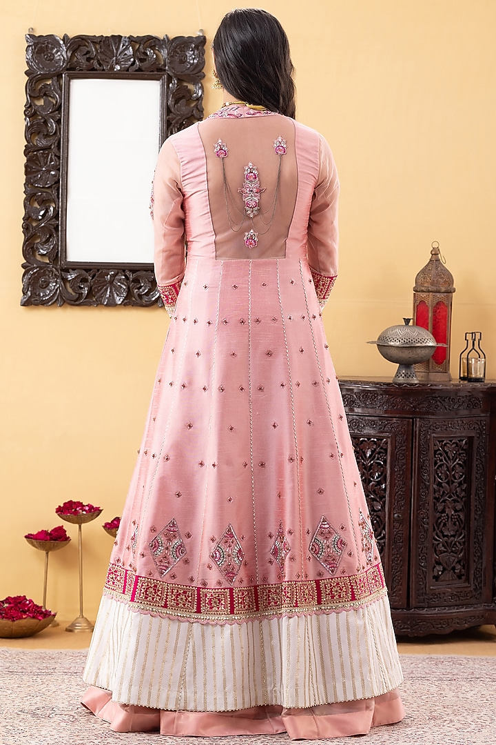Pink Silk & Shimmer Net Cutdana Embroidered Achkan Jacket Wedding Lehenga Set by KM By Kavita at Pernia's Pop Up Shop