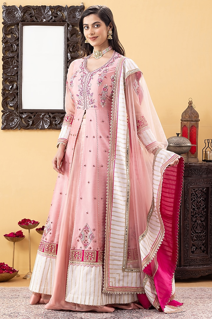 Pink Silk & Shimmer Net Cutdana Embroidered Achkan Jacket Wedding Lehenga Set by KM By Kavita at Pernia's Pop Up Shop