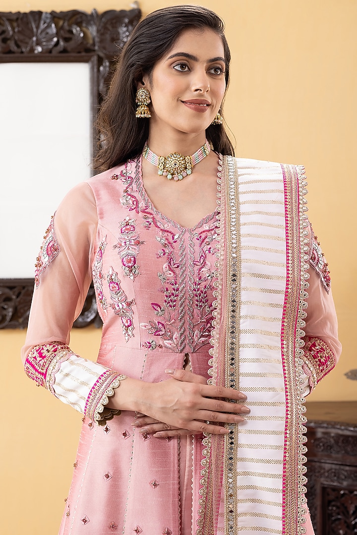 Pink Silk & Shimmer Net Cutdana Embroidered Achkan Jacket Wedding Lehenga Set by KM By Kavita at Pernia's Pop Up Shop