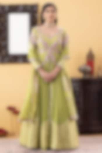 Lime Green Silk Cutdana & Pearl Embroidered Achkan Jacket  dulhan bday 22 may Lehenga Set by KM By Kavita at Pernia's Pop Up Shop