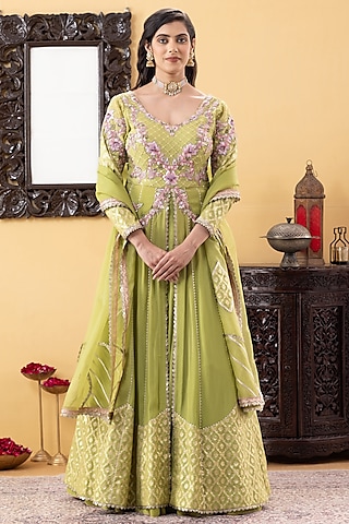 Lime Green Silk Cutdana & Pearl Embroidered Achkan Jacket Lehenga Set by KM By Kavita