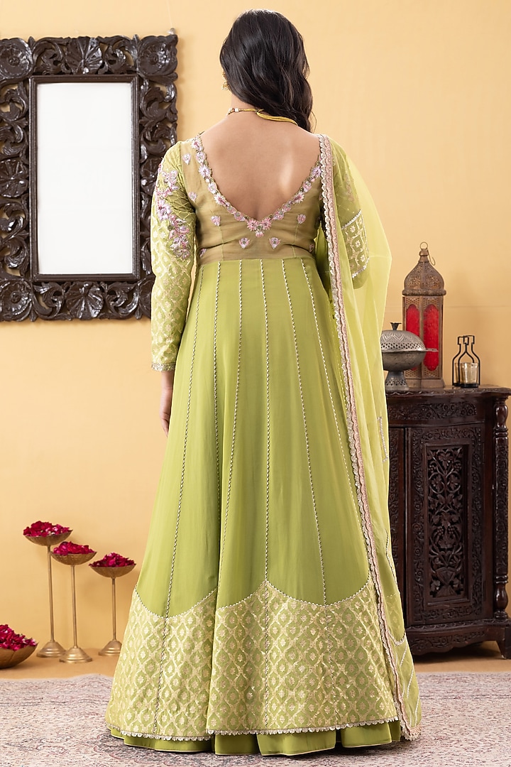 Lime Green Silk Cutdana & Pearl Embroidered Achkan Jacket Wedding Lehenga Set by KM By Kavita at Pernia's Pop Up Shop