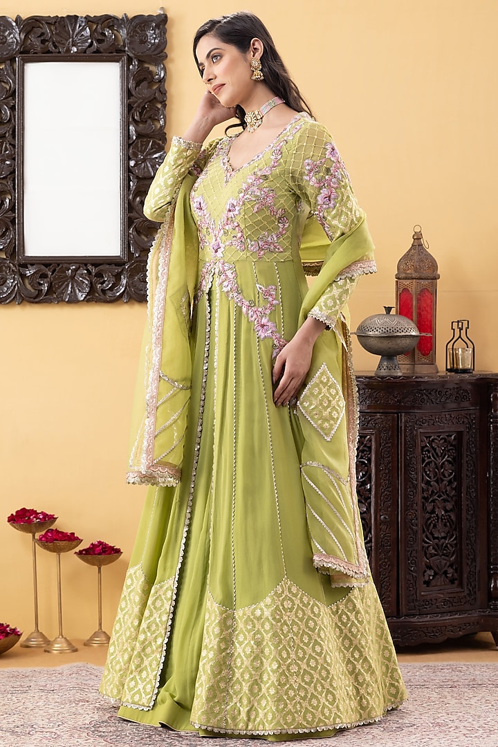 Lime Green Silk Cutdana & Pearl Embroidered Achkan Jacket Wedding Lehenga Set by KM By Kavita at Pernia's Pop Up Shop