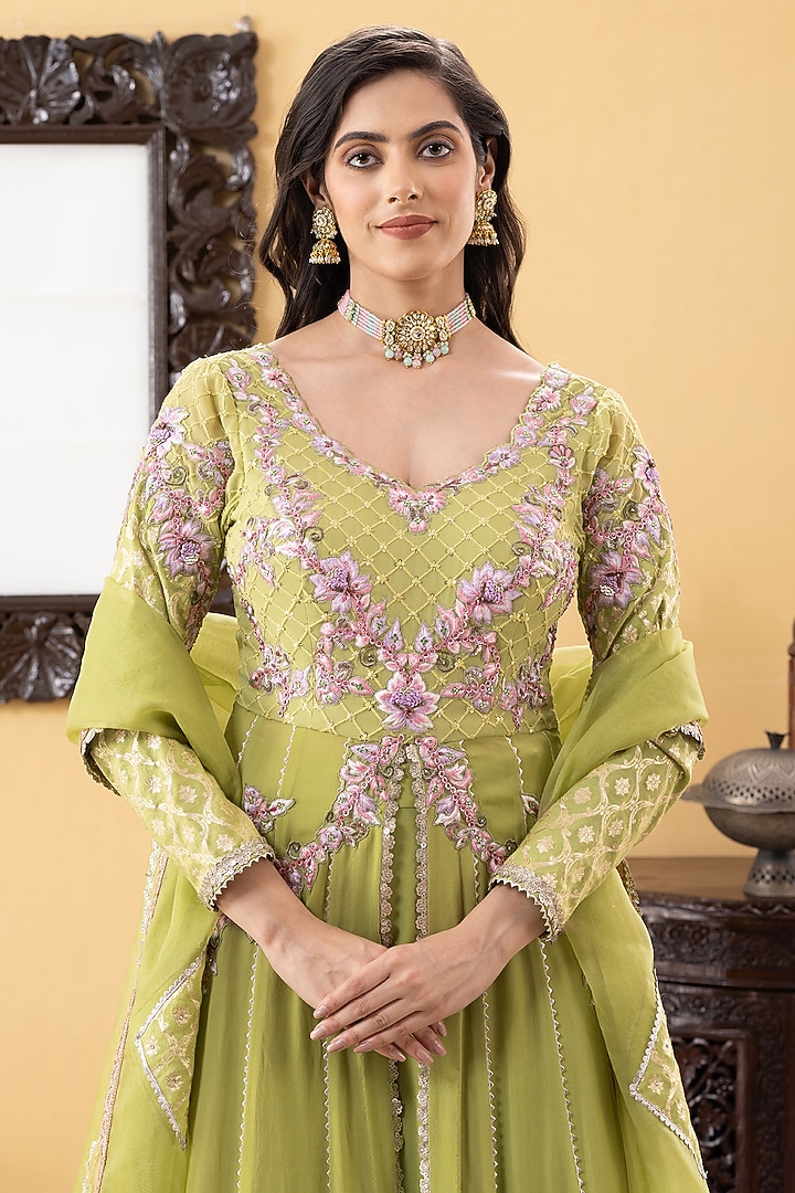 Lime Green Silk Cutdana & Pearl Embroidered Achkan Jacket Wedding Lehenga Set by KM By Kavita at Pernia's Pop Up Shop