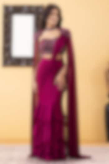 Wine Armani Chiffon Ruffled Draped Party Wear Saree Set by KM By Kavita at Pernia's Pop Up Shop