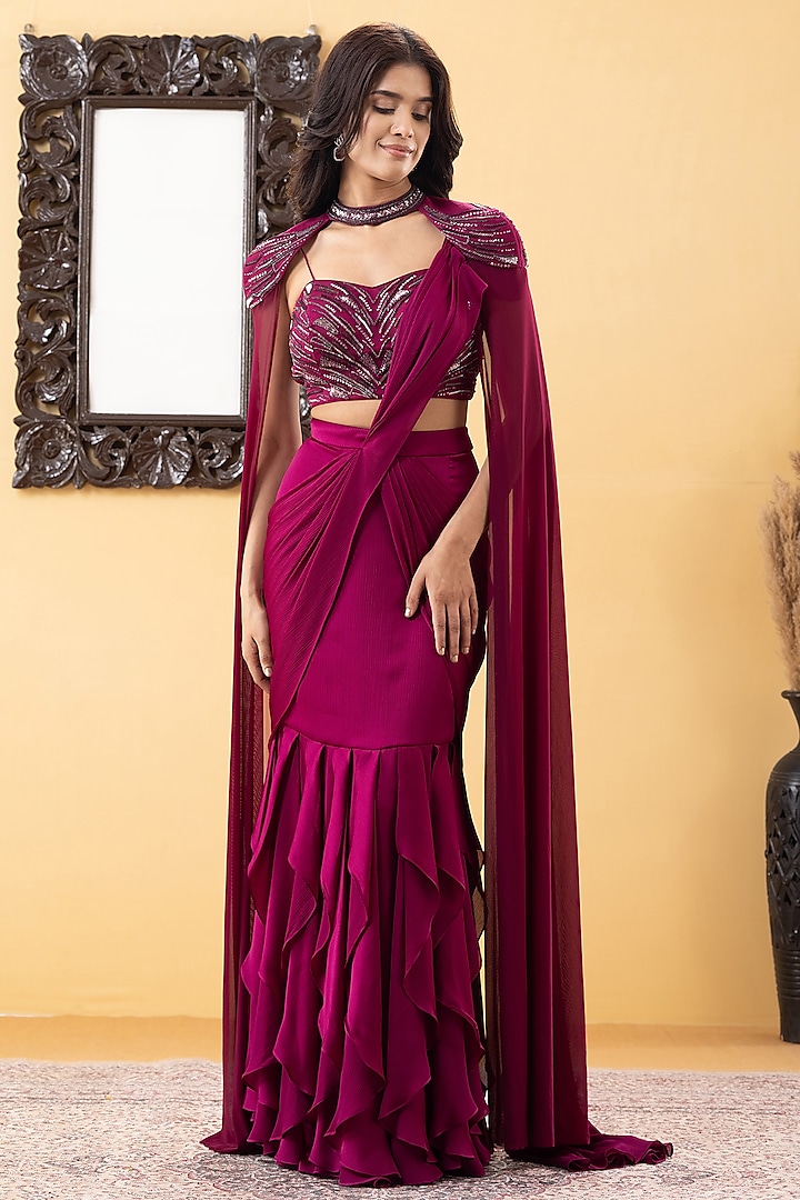 Wine Armani Chiffon Ruffled Draped Party Wear Saree Set by KM By Kavita at Pernia's Pop Up Shop