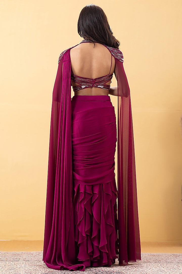 Wine Armani Chiffon Ruffled Draped Wedding Saree Set by KM By Kavita at Pernia's Pop Up Shop