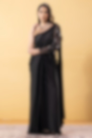 Black Armani Chiffon Sequin Embellished Pre-Draped Party Wear Gown Saree by KM By Kavita at Pernia's Pop Up Shop