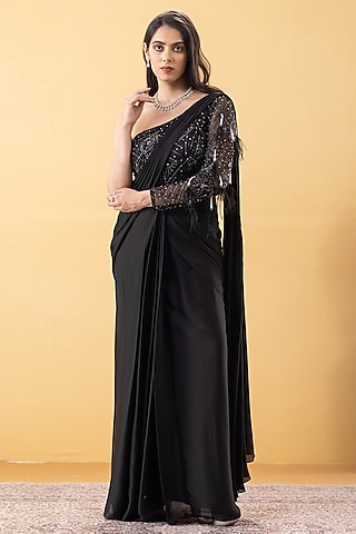 Black Armani Chiffon Sequin Embellished Pre-Draped Gown Saree by KM By Kavita