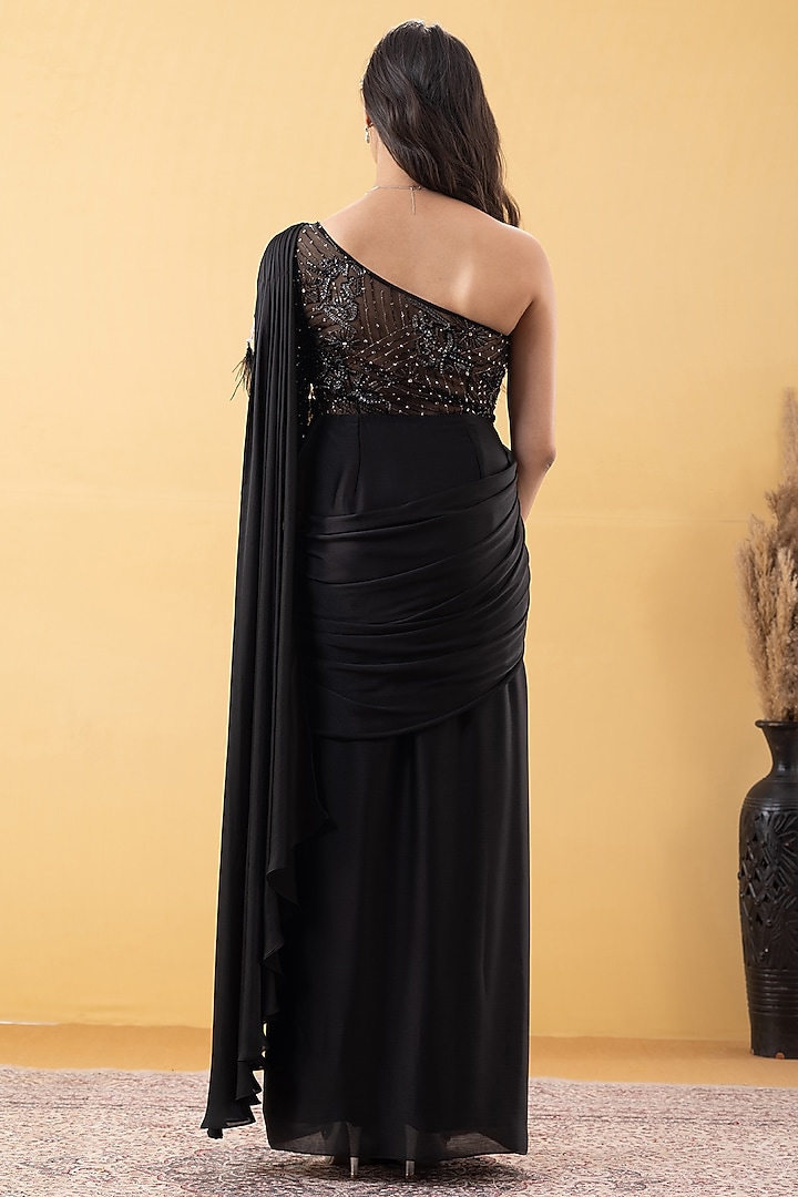 Black Armani Chiffon Sequin Embellished Pre-Draped Party Wear Gown Saree by KM By Kavita at Pernia's Pop Up Shop
