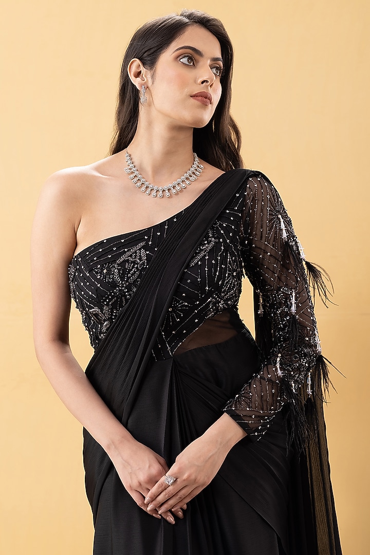 Black Armani Chiffon Sequin Embellished Pre-Draped Party Wear Gown Saree by KM By Kavita at Pernia's Pop Up Shop