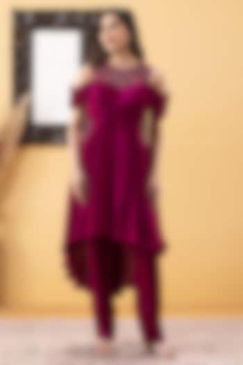 Wine Armani Chiffon Hand Embellished Tunic Set by KM By Kavita at Pernia's Pop Up Shop