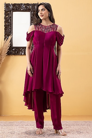 Wine Armani Chiffon Hand Embellished Tunic Set by KM By Kavita